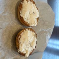 Vegan cream cheese on a bagel  at Coffeetopia in Santa Cruz