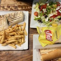 falafel wrap, greek salad, eggplant parm sub  at Bella Casa Vegana in New Haven