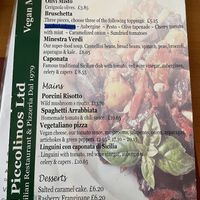 Vegan menu   at Il Piccolinos in Warwick