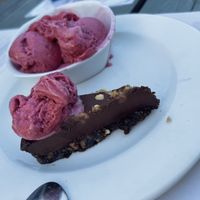 Gluten free vegan chocolate praline torte with cherry sorbet   at Crewe & Harpur in Derby