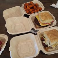 vegan PBC, brekkie with vegan pattie, sweet potato tater tots and strawberry biscuit and cream dessert. at Preservation Biscuit Company in Falls Church
