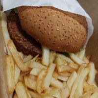 falafel burger with vegan mayo and fries at Falafel House in Thessaloniki