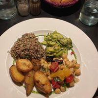 Vegetarian plate made vegan by adding potatoes and removing yoghurt   at Nomad in Marrakech