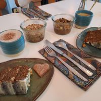 Carrot cake, apple crumble and chocolate cream at Pachamama in Hannut