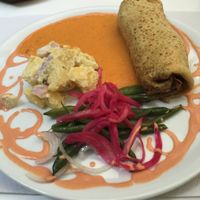 stuffed crepe with potato salad and green bean salad at Veggie Garden - Dels Angels in Barcelona
