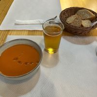 Gazpacho, beer, bread. Part of the 3-course lunch offer for 12,50€. at Veggie Garden - Dels Angels in Barcelona