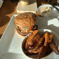 Truffle burger and sweet potato fries  at Full Taste in Chamblee