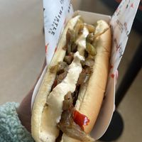 Vegan hot dog with peppers and onions   at Birdland - Camden Yards in Baltimore
