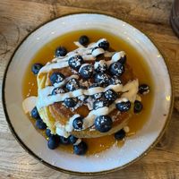 Blueberries, Maple Syrup, and Vanilla Crême Fraîche Pancakes (another photo for reference)  at Riverview Kitchen in Durham