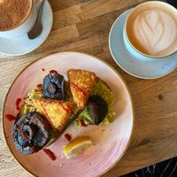 Vegan Mushrooms, Avocado, and Hash Browns on Sourdough, and Latte with Oat Milk at Riverview Kitchen in Durham