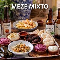 Meze Mixto — our signature dips selection. Vegan and vegetarian friendly. The best starter in Santa Maria. at Deli - Santa Maria in Mallorca