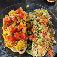 Chickpeas tofu "eggs" toasts. at La Selva de los Gatos in Oaxaca