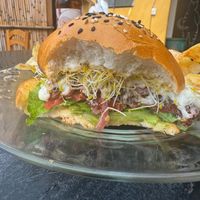 Amazing burger at La Selva de los Gatos in Oaxaca