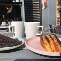 Vegan Chocolate Jaffa cake on the right (top marks!!) Vegan Rich Chocolate cake on left, (a close runner up).  at Chapters in Durham