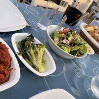 Red pepper dip, broccoli, amazing salad, fava bean dip, bread   at Ali Baba Restaurant in Kusadasi
