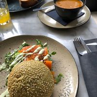 Vegan tosti, soup and sandwich with vegan salmon   at Petit Lou in Amsterdam