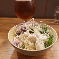 Vegan potato salad and beer at Chabuya Curry Tenjin ちゃぶや in Fukuoka