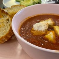 Veganeeze w/ tomato soup and avocado slices on the side at Pinkavo Cafe in Langley