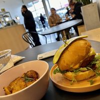 Burger with potatoes at Pinkavo Cafe in Langley