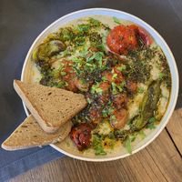 traditional smoked eggplant with glutenfree bread and vegan meatballs, big portion!  at Vegan Dükkan Lokanta - The Eatery in Istanbul
