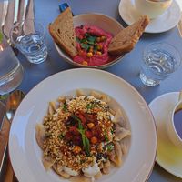 Ravioli and beetroot hummus. at Vegan Dükkan Lokanta - The Eatery in Istanbul