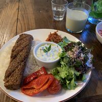 Adana Kebab on Rice & Cashew Ayran  at Vegan Dükkan Lokanta - The Eatery in Istanbul