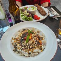 Turkish ravioli and in the background kebab at Vegan Dükkan Lokanta - The Eatery in Istanbul