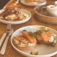 Smoked carrot ‘salmon’ and cream ‘cheese’ bagels. Pancakes with ‘bacon’   at The Tinker's Granddaughter in Lymington