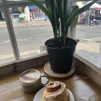 Dirty chai latte and cinnamon bun  at The Tinker's Granddaughter in Lymington