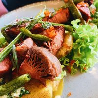 Vegan tuna (jackfruit) with vegan caviar on potatoes   at Pink in Warsaw