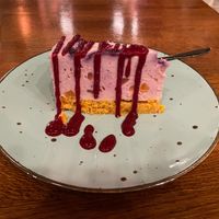 Blueberry cake with (overwhemling) raspberry sauce. at Pink in Warsaw