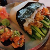 Super nice japanese vegan inspiration. The "gunkan nasu", the 2 small pieces, with eggplant and vegan caviar are super tasty. Big one is  KFB japanese sandwich with oyster mushroom at Pink in Warsaw