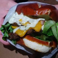 Poppin' Jalapeño Burger.. Amazingly delicious from the pretzel bun to everything inside! at Native Foods in Tigard