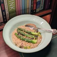 Vegan Smoked Onion & Asparagus Risotto with
Grated Lemon Rind at Cultivate Cafe in Central Singapore