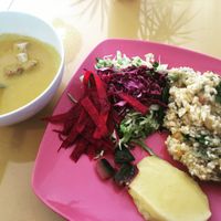 Soup , salad and rice with vegetables at Naturalmente in Loule