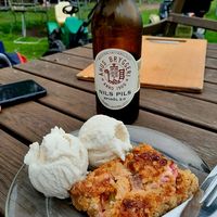 Rhubarb cake with vanilla ice at Kaffestugan Alunbruket in Broesarp