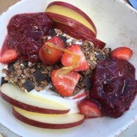 Compote, fruit, granola, cacao breakfast at Anassa in Crete