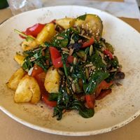 Vegan hash with courgette, potatoes, tomatoes, peppers, spinach and pumpkin seeds at Anassa in Crete