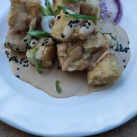 Starter. Fried tofu with peanut sauce at Mariposas in Marseille