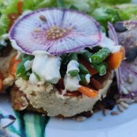 Potato pancake with salad and hummus at Mariposas in Marseille