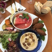 Three appetizers, falafel, gazpacho, hummus at Mariposas in Marseille