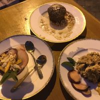 Apple crumble, chocolate cake, an Italian raspberry cream dessert  at Mariposas in Marseille