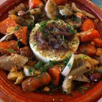 Vegetables tajine with almonds, sweet onions, semolina. vegan and delicious ! at Mariposas in Marseille
