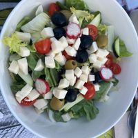 Vegan Greek salad with vegan cheese at Florence Cafe in Benalmadena