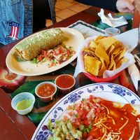 Vegan Chimichanga in green sauce & a vegan quesadilla with red sauce.  at El Papagayo in Carmichael