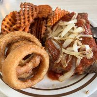 Vegan meatloaf with sweet potato fries & onion rings   at Mattie's Diner in Charlotte
