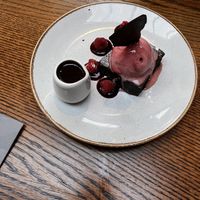 brownie with chocolate sauce and sorbet   at Goodliffes in Loughborough