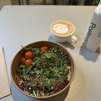 Mushroom mince salad bowl, flat white, and water. Lovely.   at Vital Foods in Copenhagen