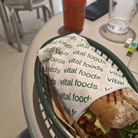 Grilled sandwich with carrot juice. at Vital Foods in Copenhagen