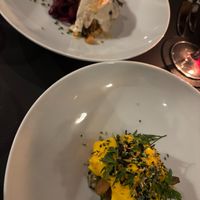 Baked cauliflower with radish & aioli, and mushrooms with barley and some kind of ginger cream at Hohenheim & Söhne in Frankfurt